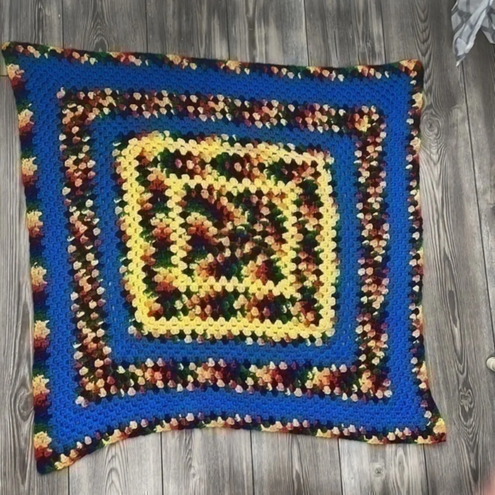Handmade Granny Square Crocheted Blanket Baby Blanket Rainbow Pattern 35 x 37.5”